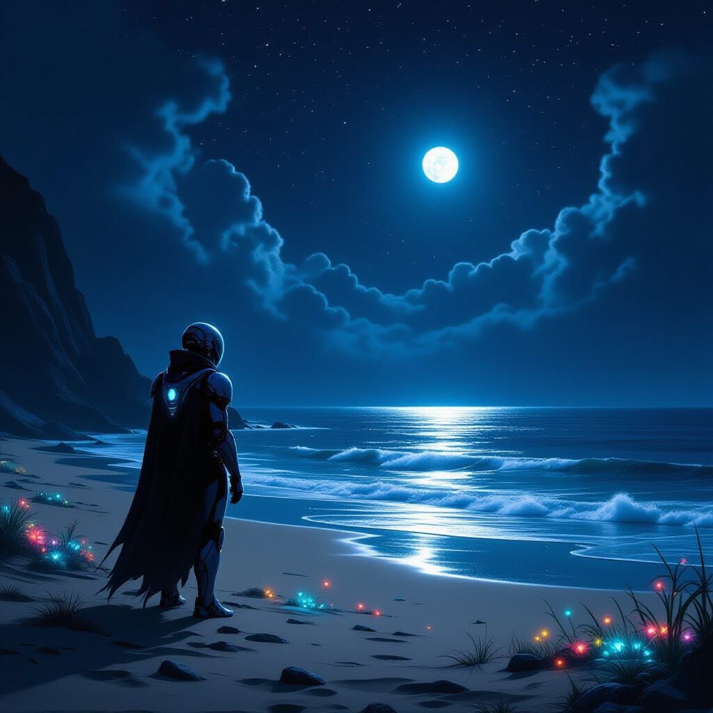 Cyborg Gazing at Starry Ocean: Dark Fantasy