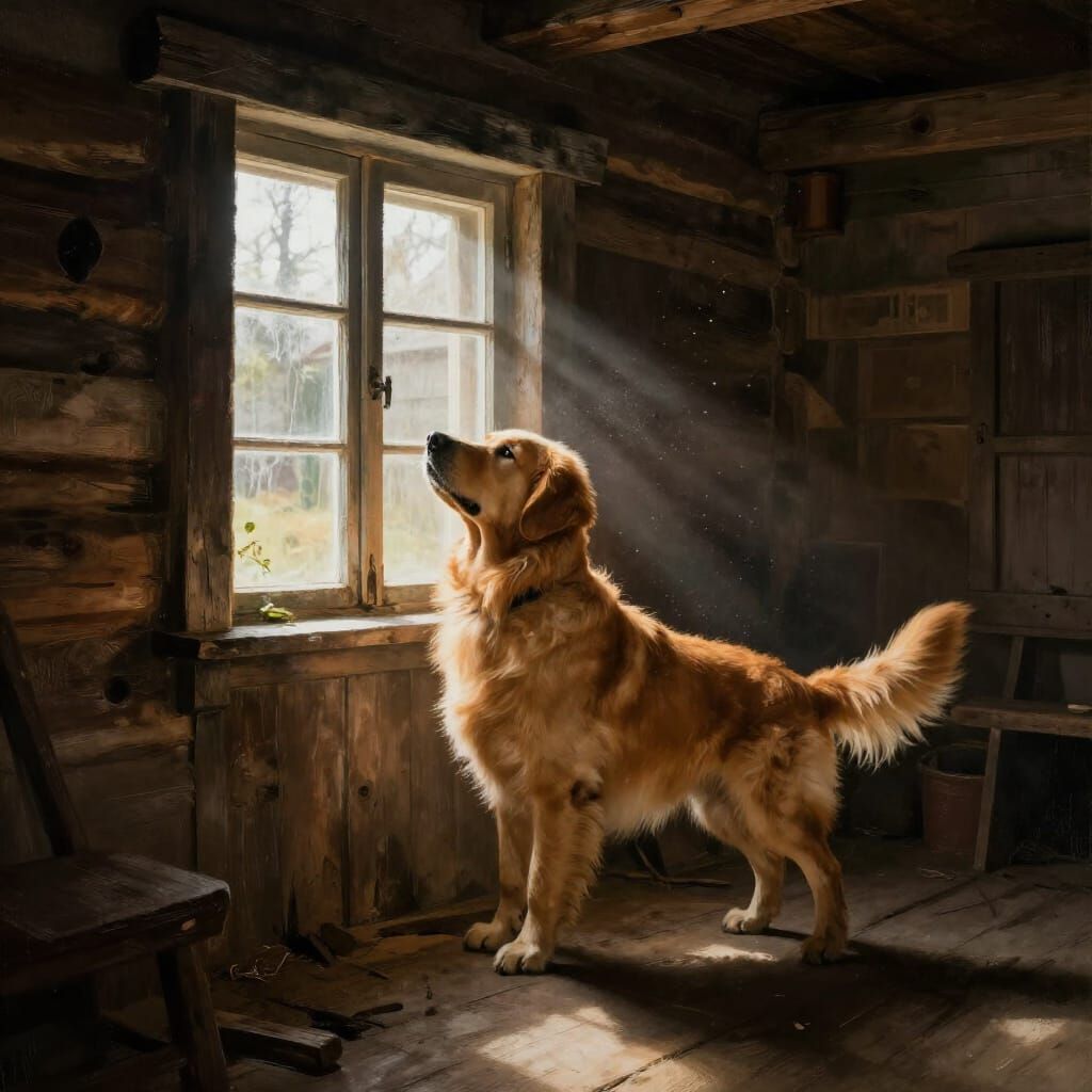Golden Retriever in Sunlit Cabin Window