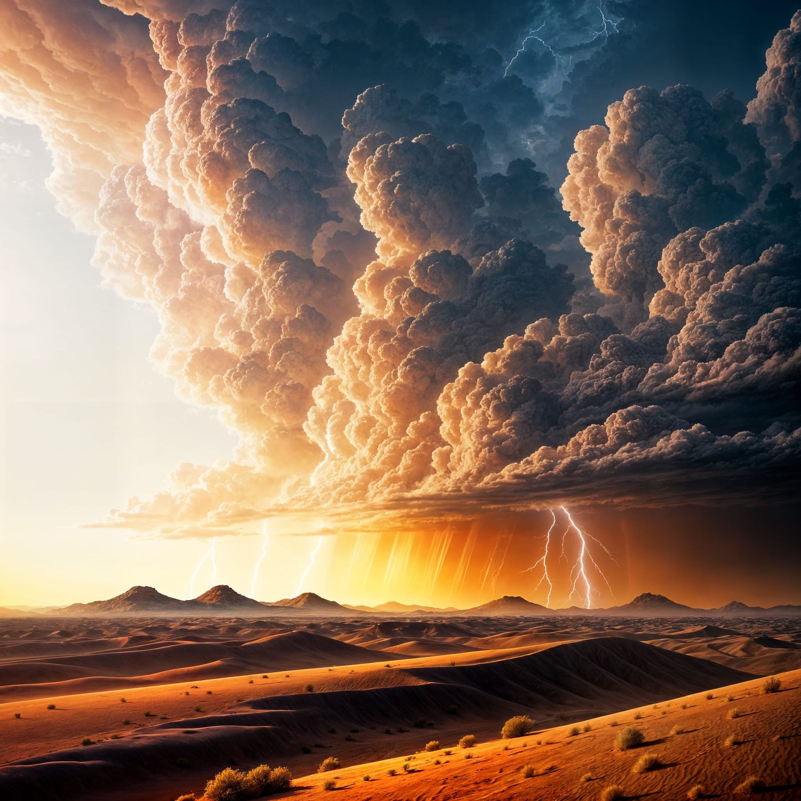 Golden Hour Desert Stormscape in Watercolor Style