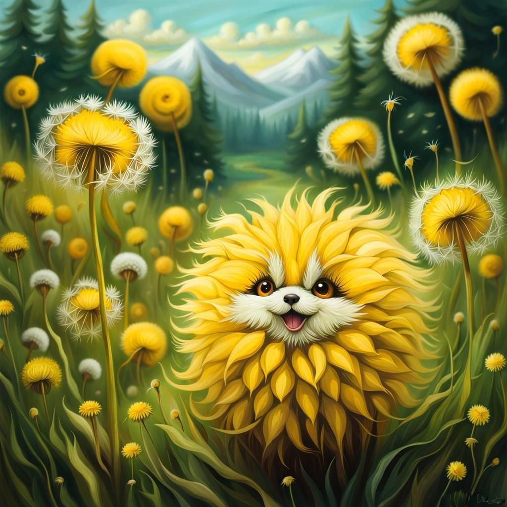 Giant Dandelion Creature in Vibrant Meadow