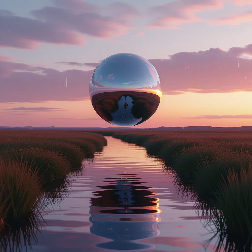 Chrome Sphere Above River at Twilight