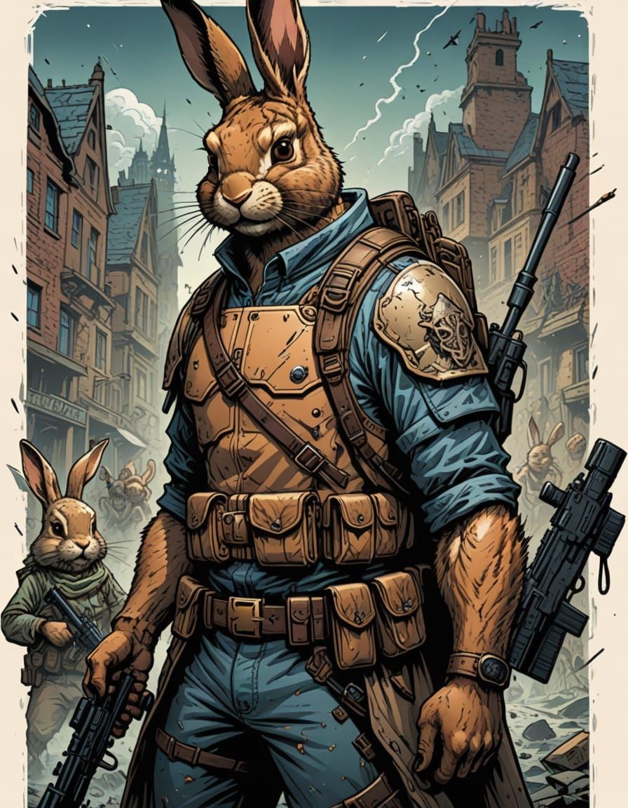 Surreal Rabbit Hunter in Comic Book Style