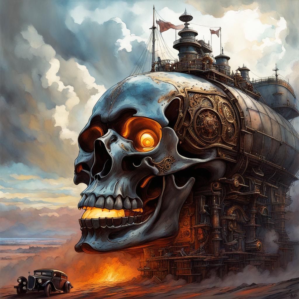 Skull Meets Machine God in Psychedelic Art Style