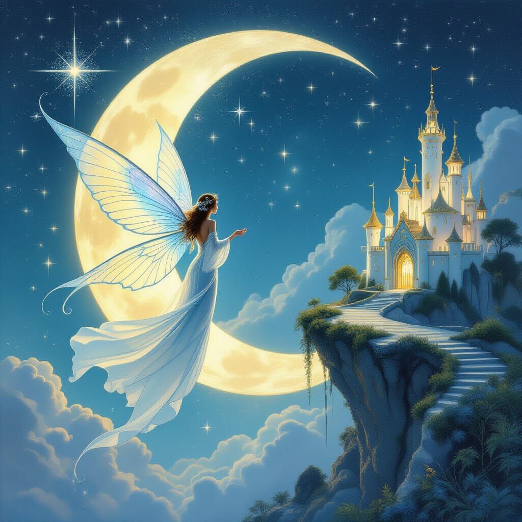 Surreal Moon Fairy Flying to Dreamlike Kingdom