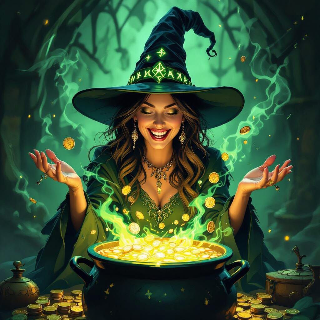 Whimsical Witch Conjures Golden Coins in Surreal Style