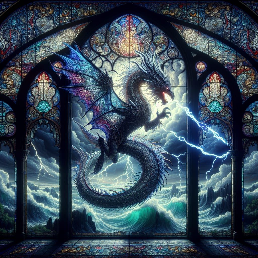 Stained Glass Dragon Perched on Gothic Cathedral