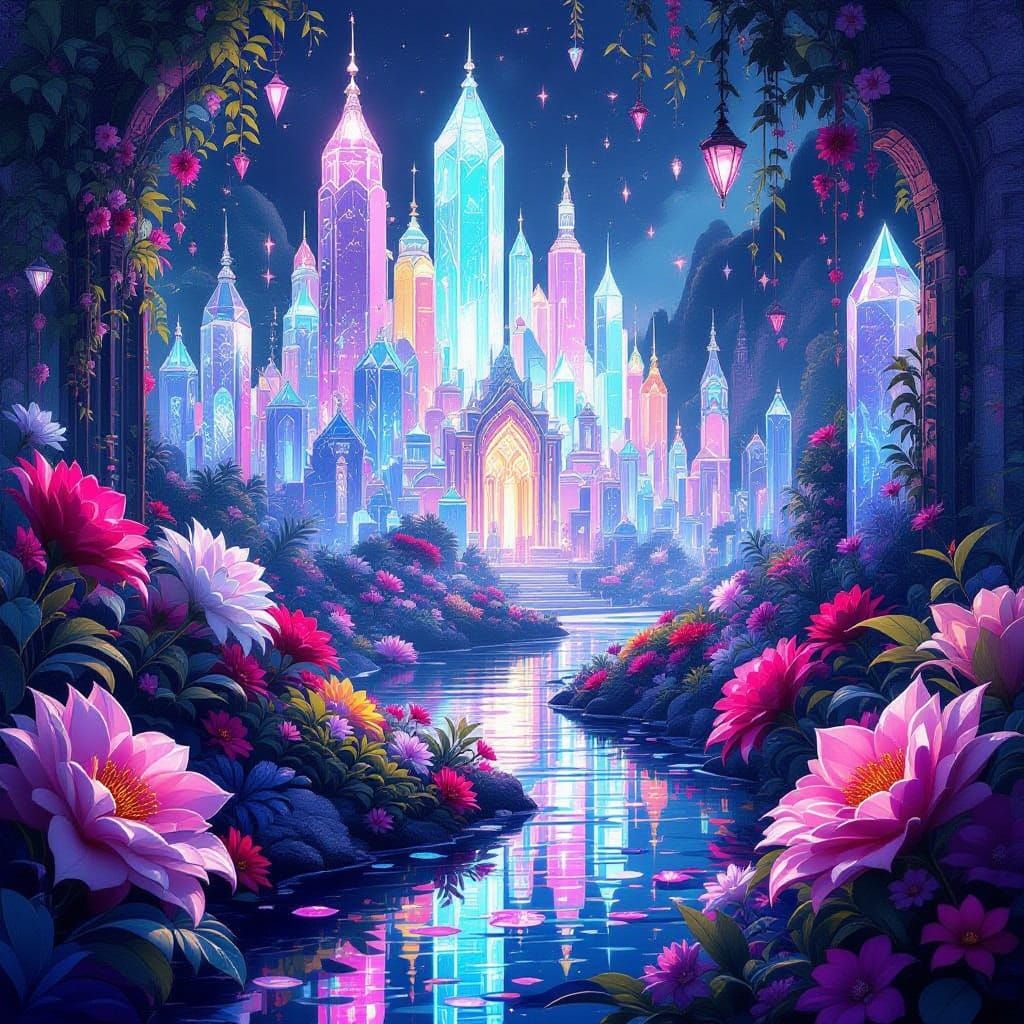 Enchanting Crystal City Adorned with Exotic Flowers