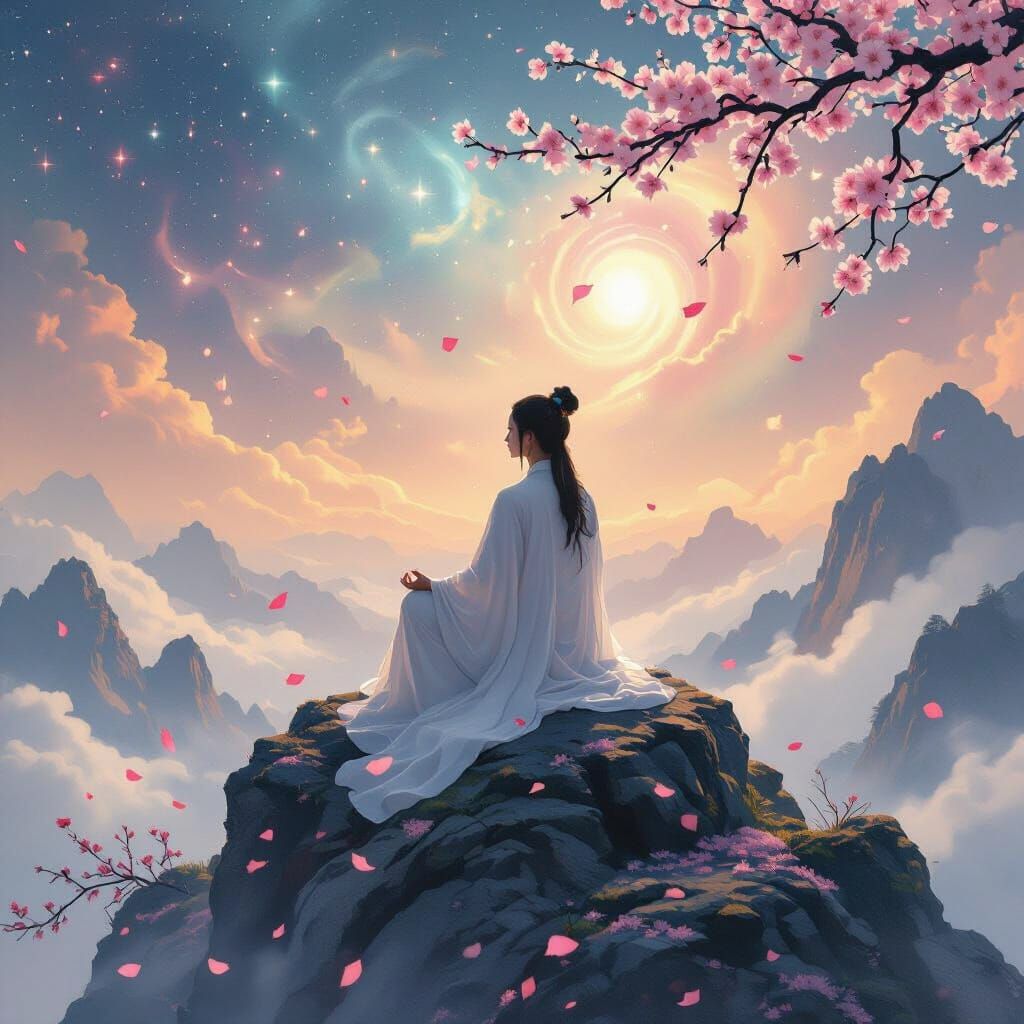 Meditating Woman Amidst Cherry Blossoms and Nebula