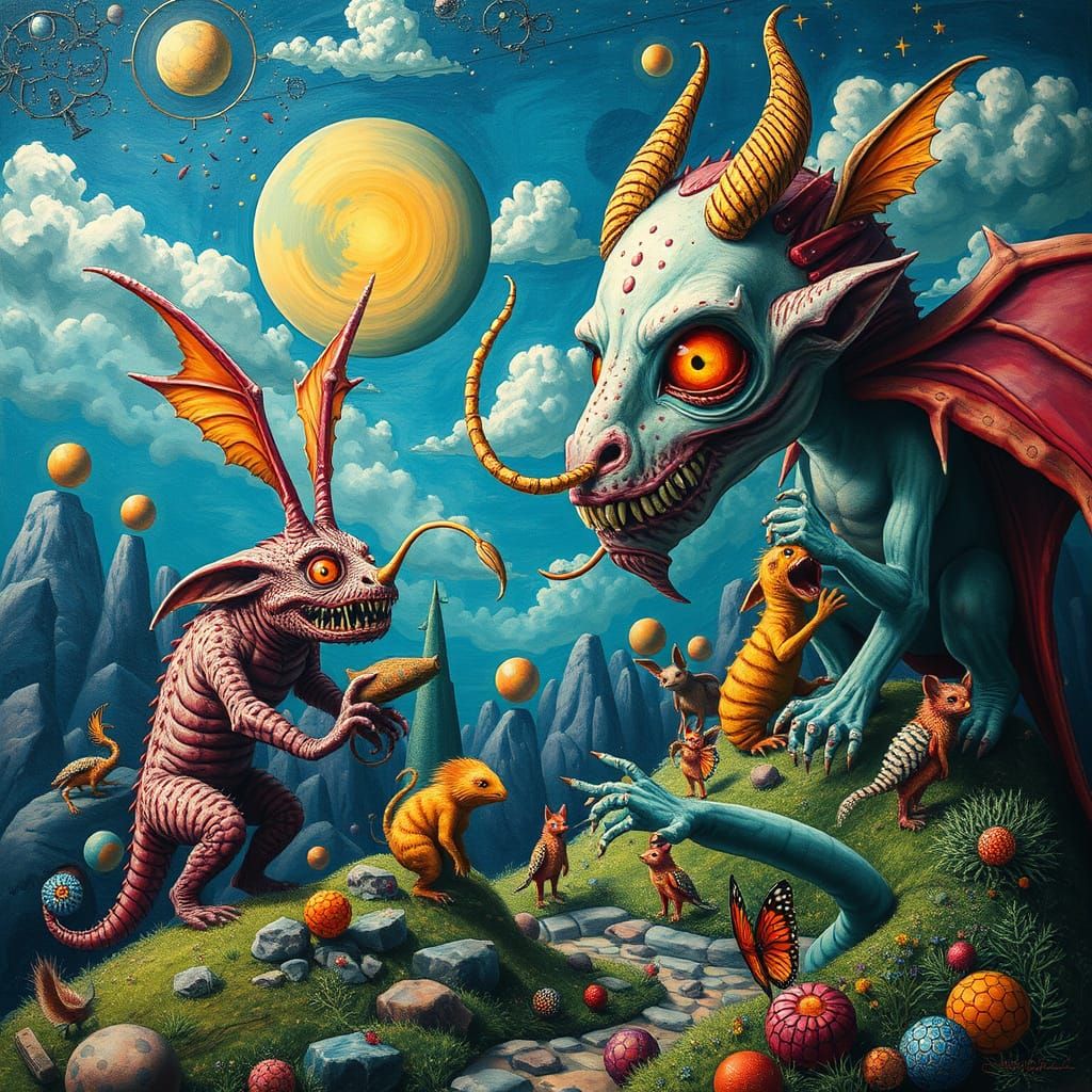 Surreal Cubist World with Fantastical Creatures in Vibrant C...