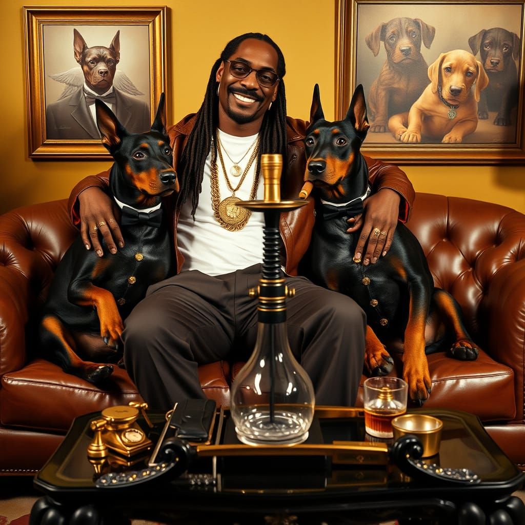 Snoop Dogg in Luxurious Opulence, Surrounded by Majestic Dob...