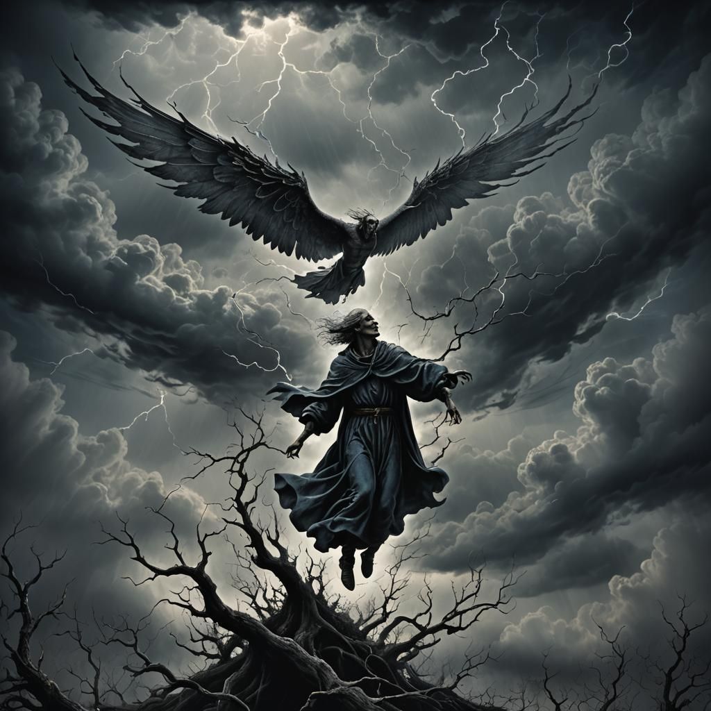 Dark Fantasy Figure Ascending Through Stormy Sky