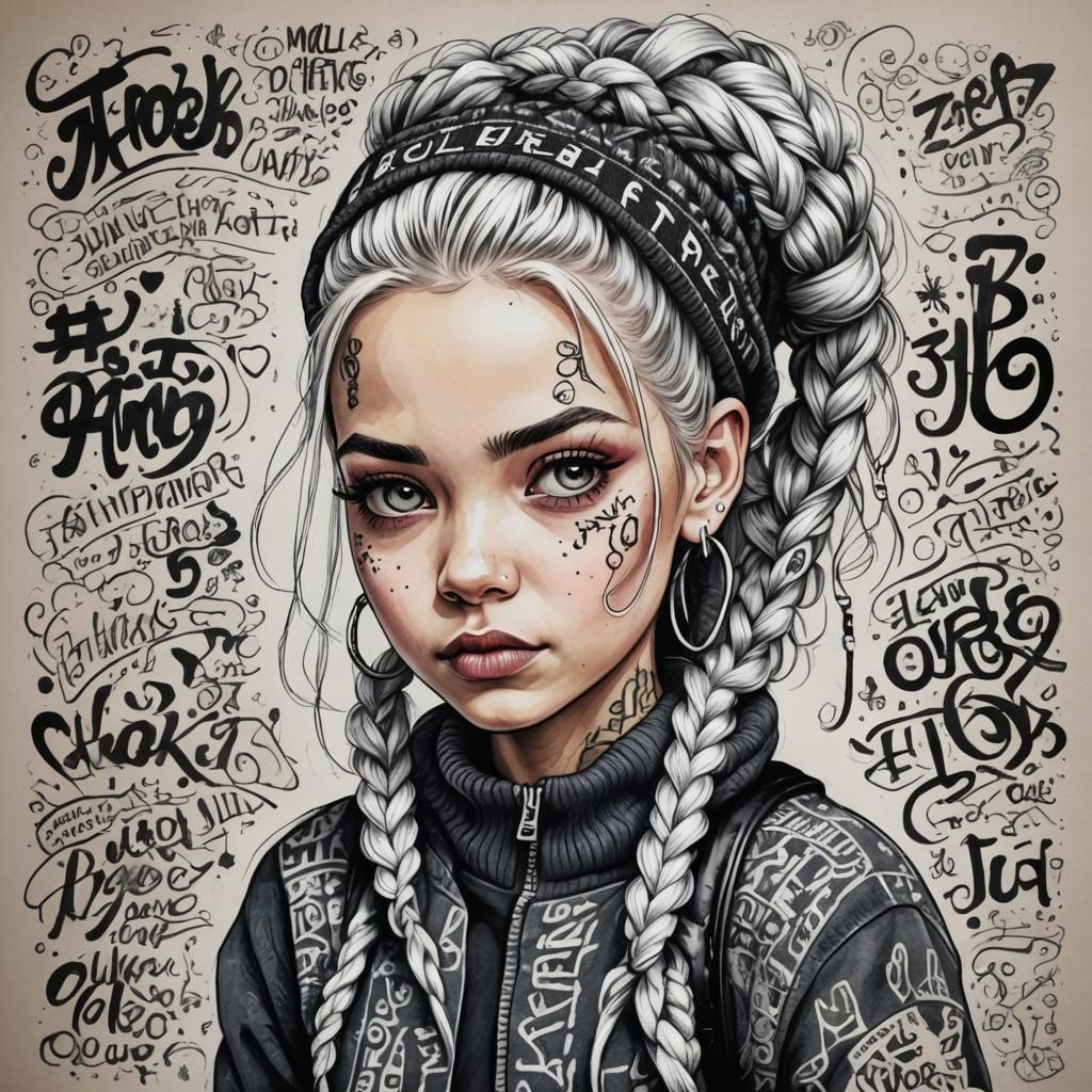 Colorful Calligraphic Ink Portrait of Punk Girl