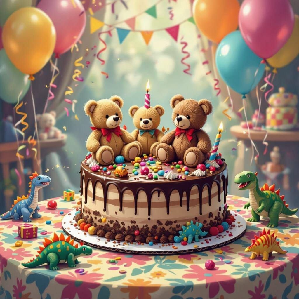 Chocolate Birthday Cake With Teddy Bears And Dinosaurs