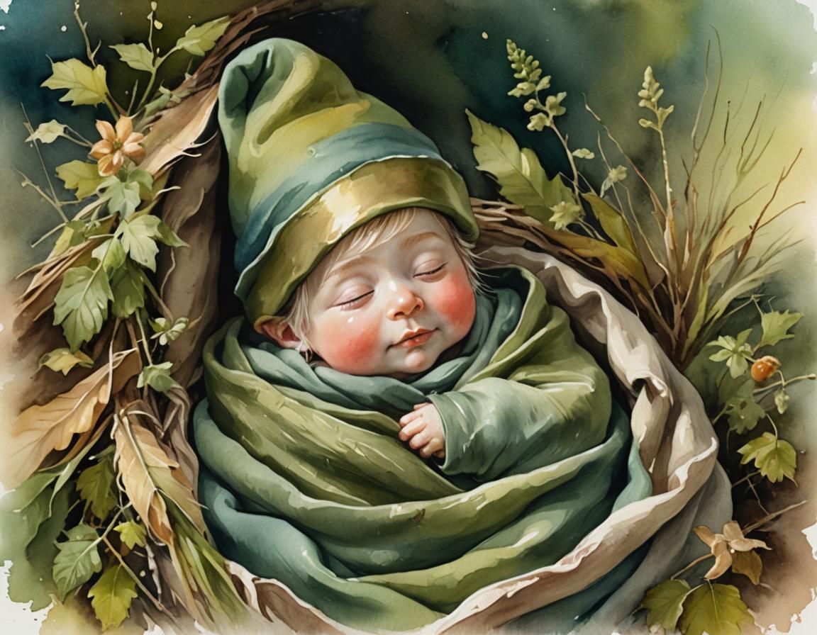 Newborn Gnome Asleep in Nutshell: Watercolor Illustration