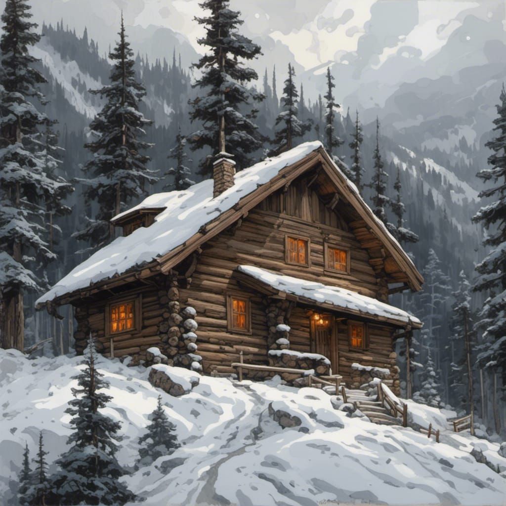 Sinister Mountain Cabin Scene with Pine Trees