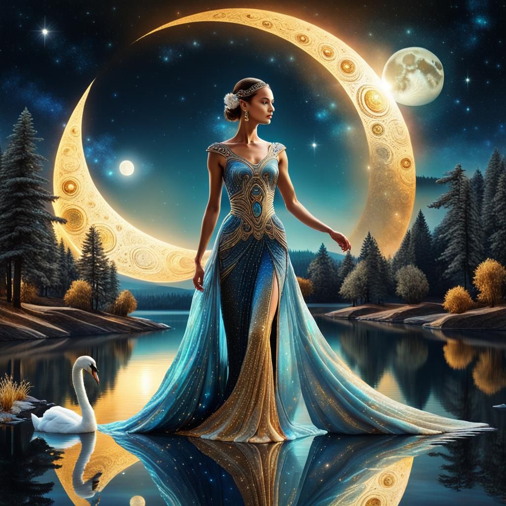 Cosmic Night: Woman and Swan by Moonlit Lake