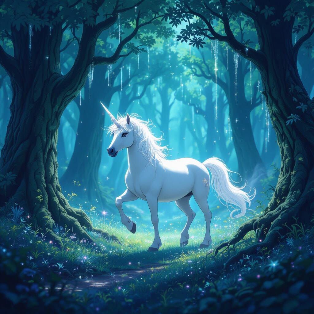 Majestic Unicorn in Enchanted Forest with Starlight Mane