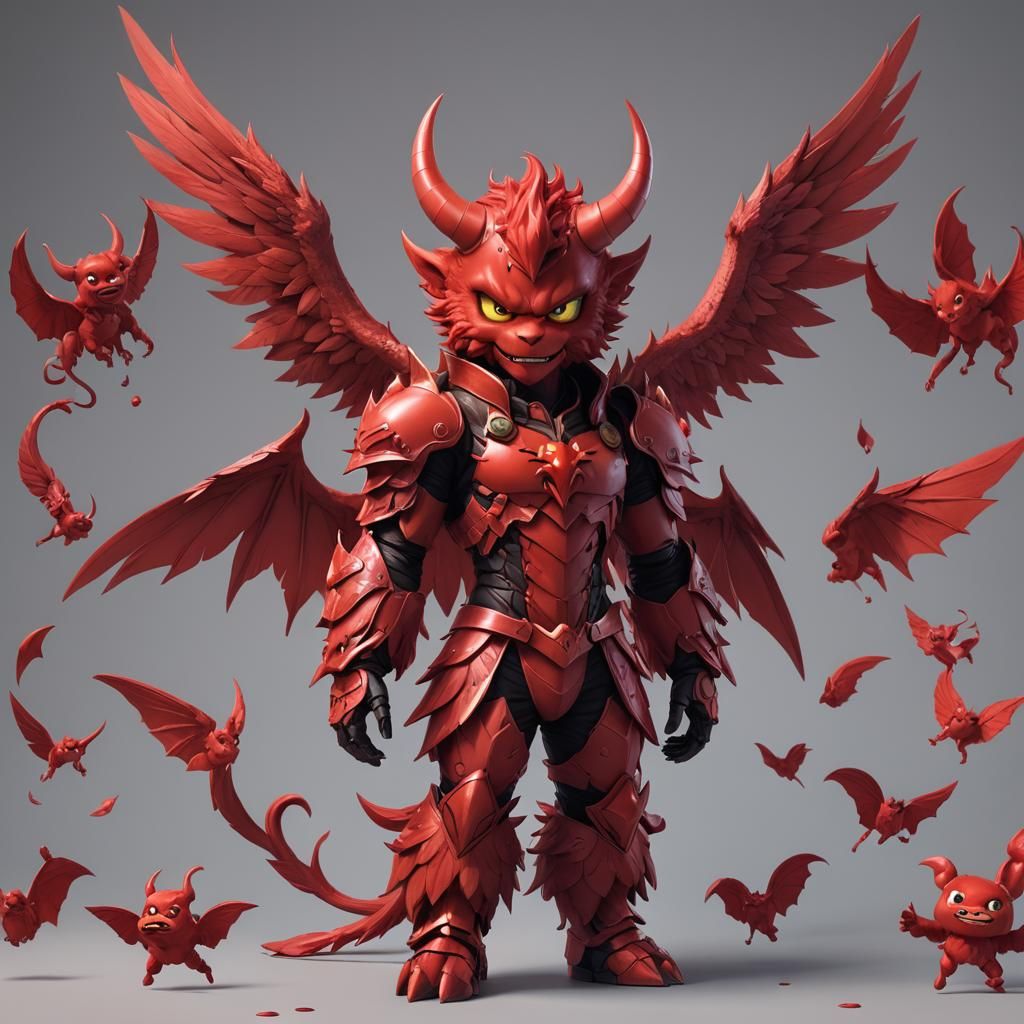 Kawaii Fluffy Red Devil Mascot in 3D Anime Style
