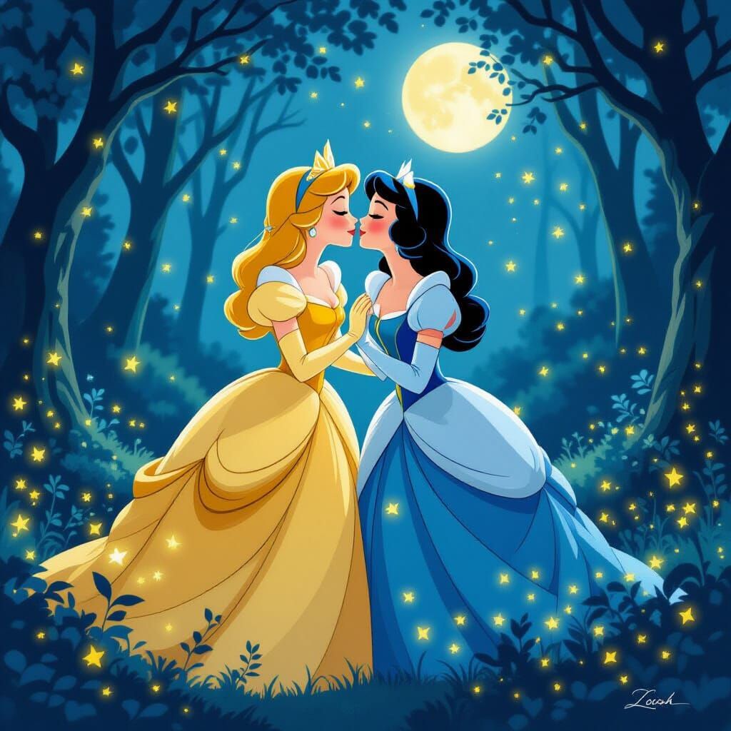 Cinderella and Snow White Share a Magical Kiss