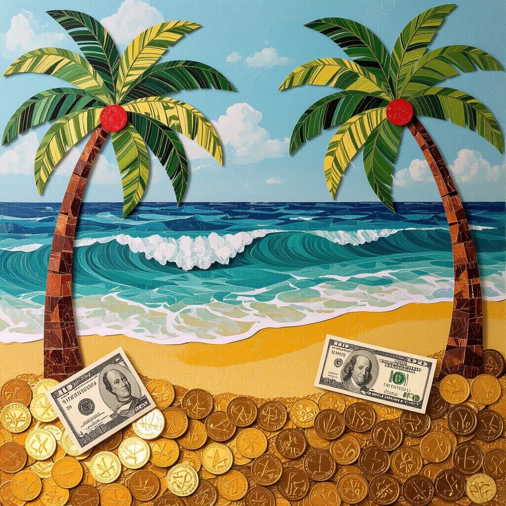 Surreal Beach Collage: Golden Coins and Currency Waves