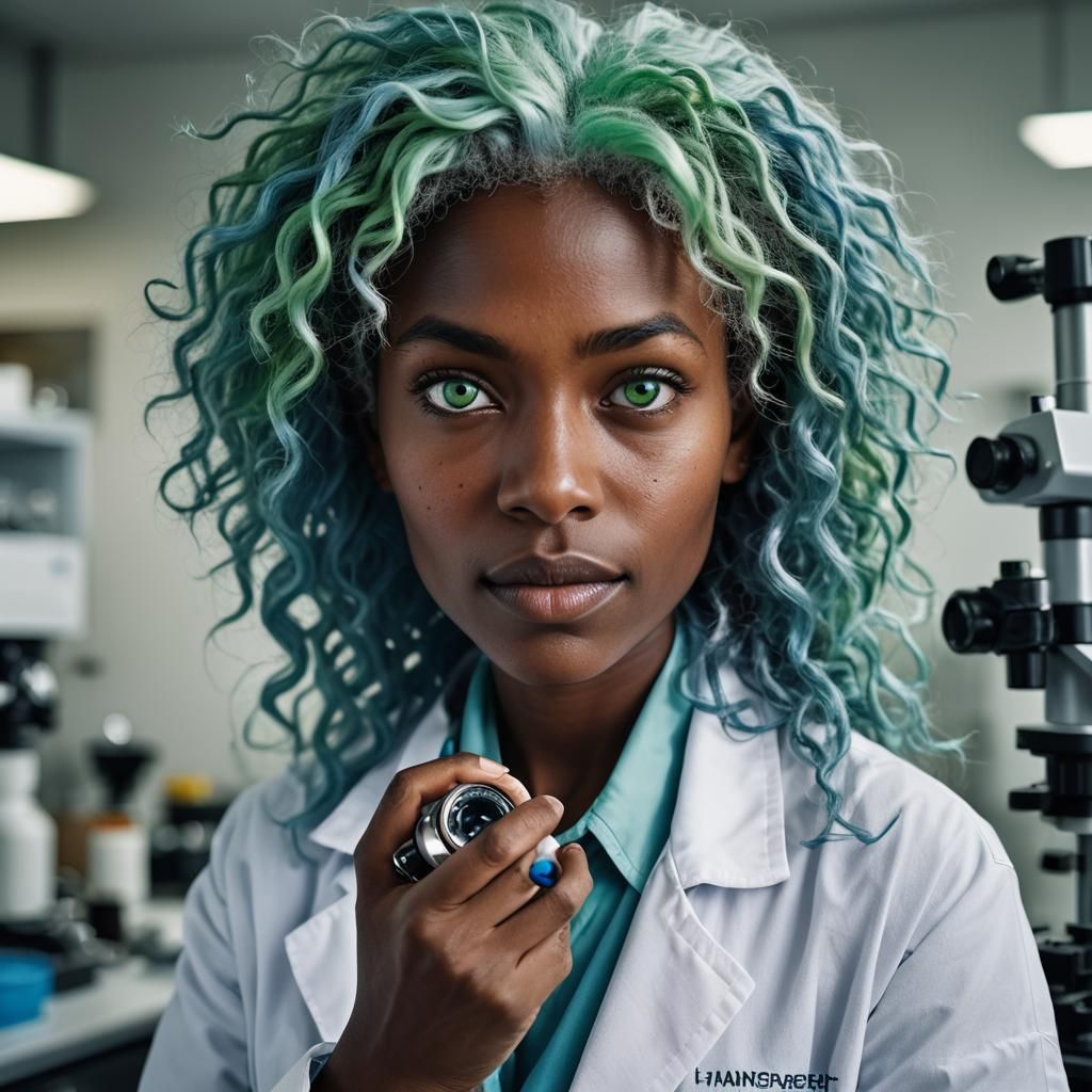 Dark-Skinned Scientist with Blue Hair, Portrait Photography