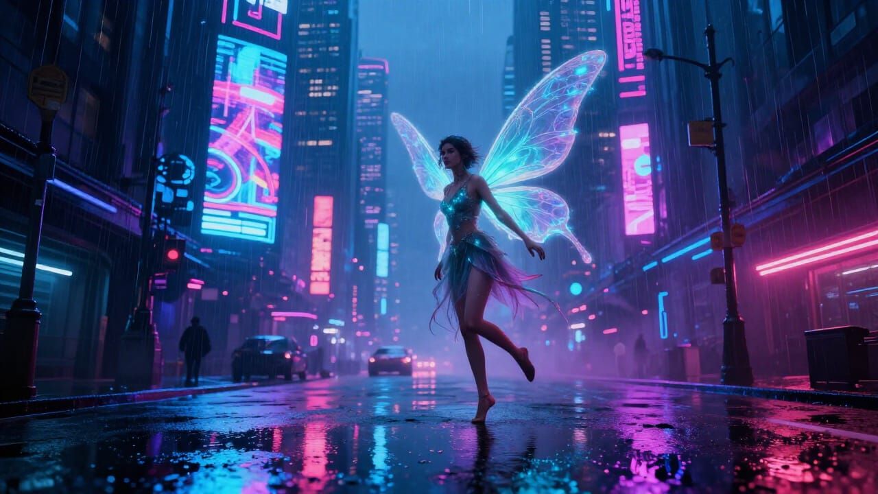 Mystical Fairy in Neon Cyberpunk Metropolis
