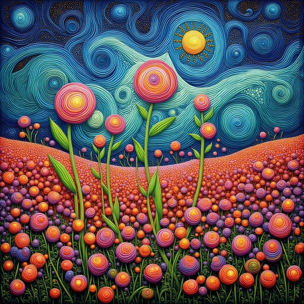 Surreal Floral Field Under Starry Night Sky