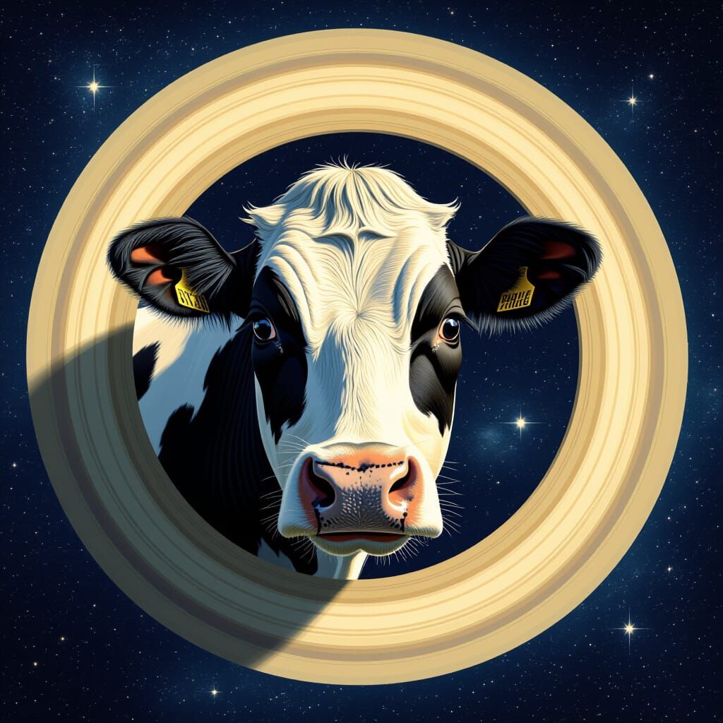Cow Head Emerging From Saturn Rings In Surreal Digital Art