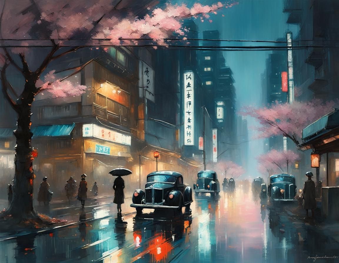 Japanese Dieselpunk Metropolis at Midnight in Art Deco Style