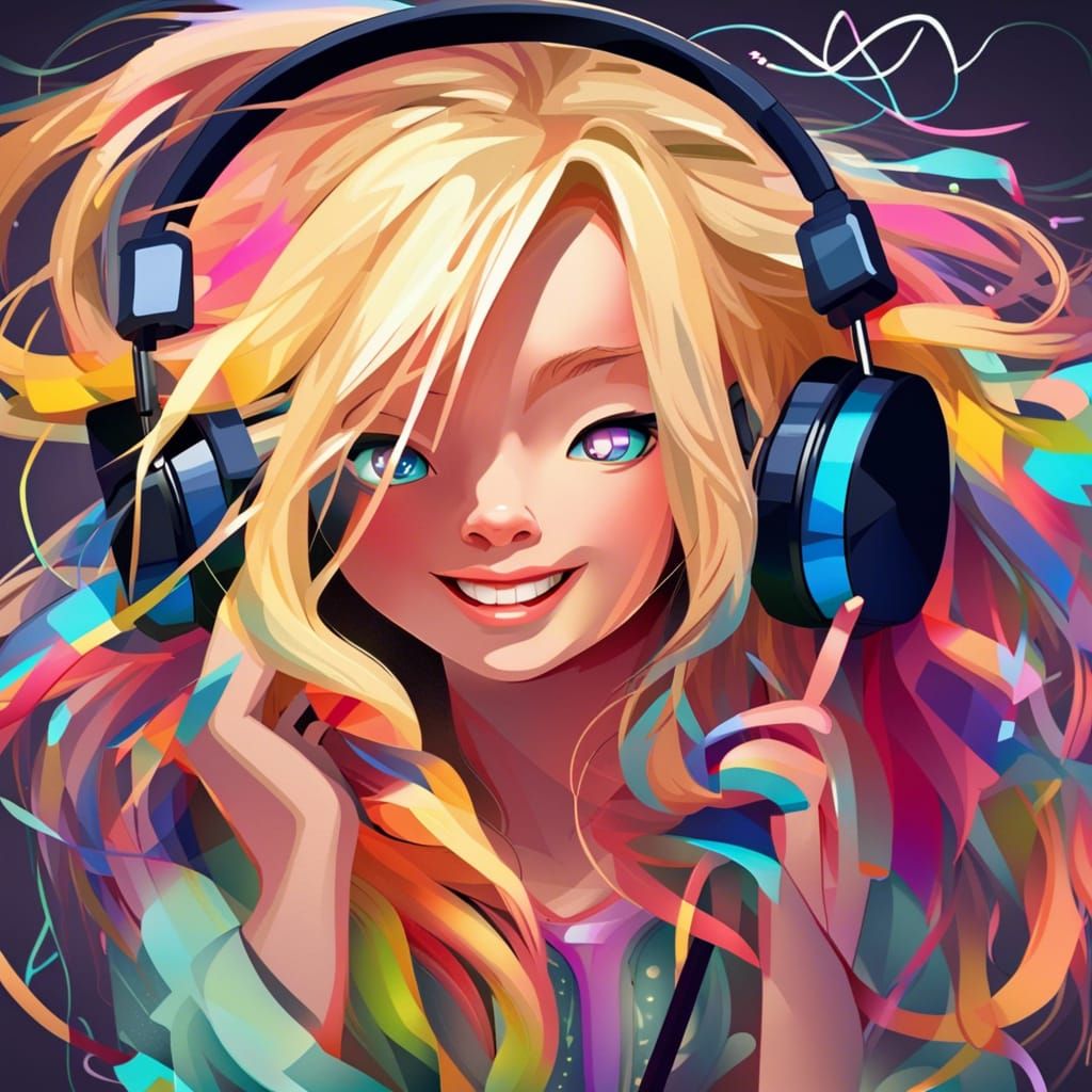 Girl Listening to Music with Colorful Sound Waves