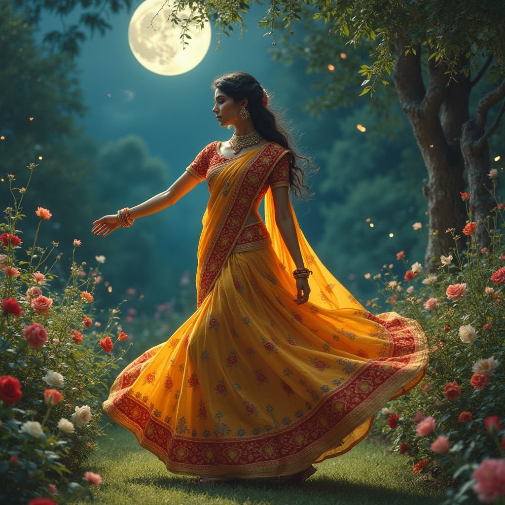 Elegant Woman Dancing in Moonlit Garden, Bollywood Style