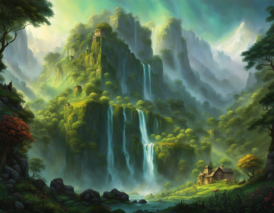 Ethereal Waterfall Giant in Lush Green Valley