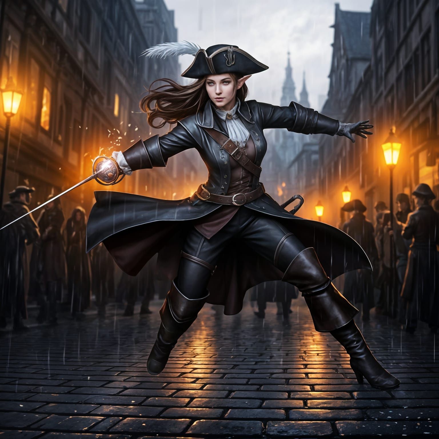 Elegant Half-Elf Musketeer in Cinematic Fantasy City