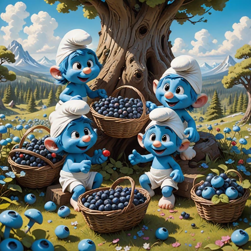Whimsical Smurfs Enjoy Blueberries Under Fluffy Clouds