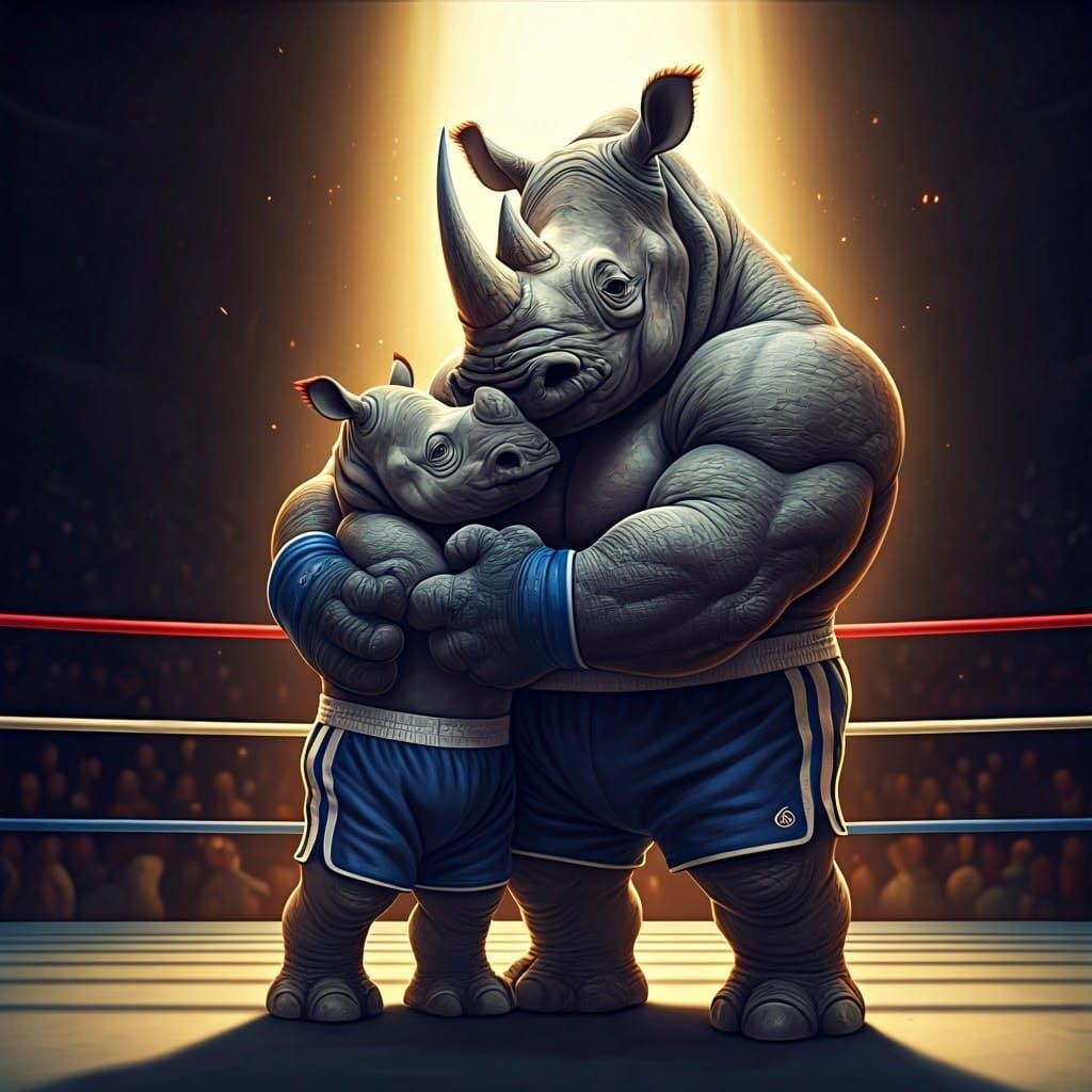 Rhino Boxing Champion and Son in Fantasy Art Style