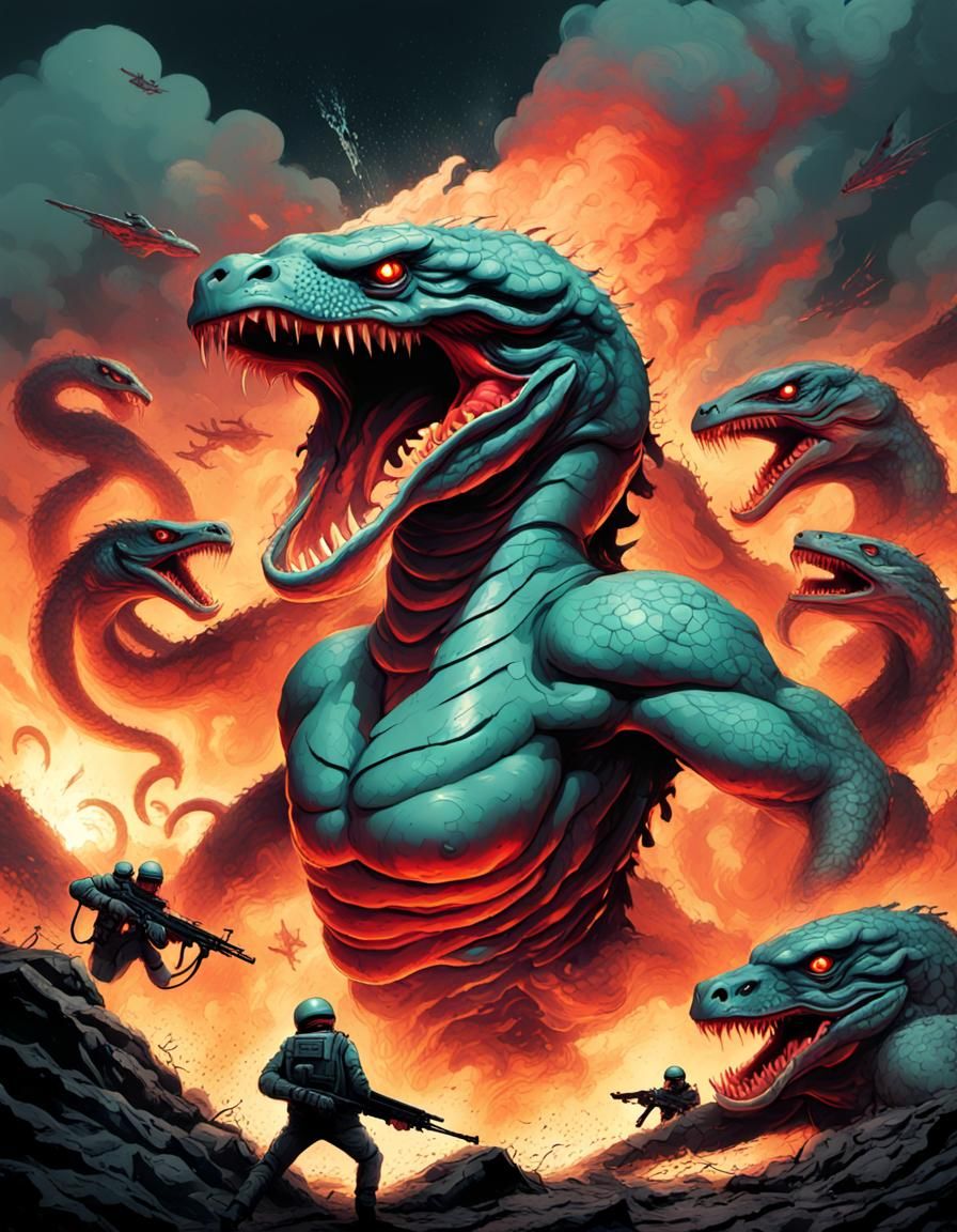 Heroic Warrior Battles the Hydra in Vibrant Pop Art Style