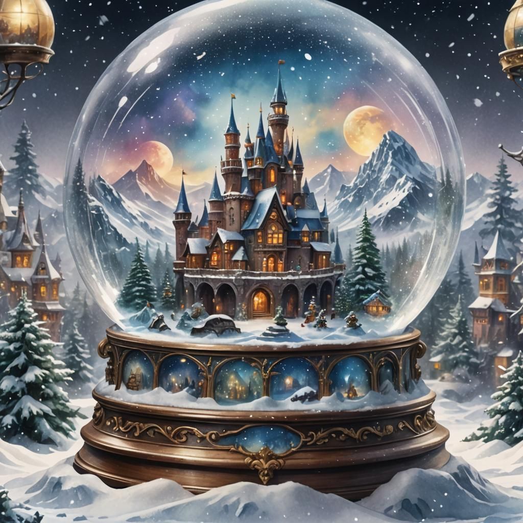 Fantasy World in Snow Globe: Watercolor Painting