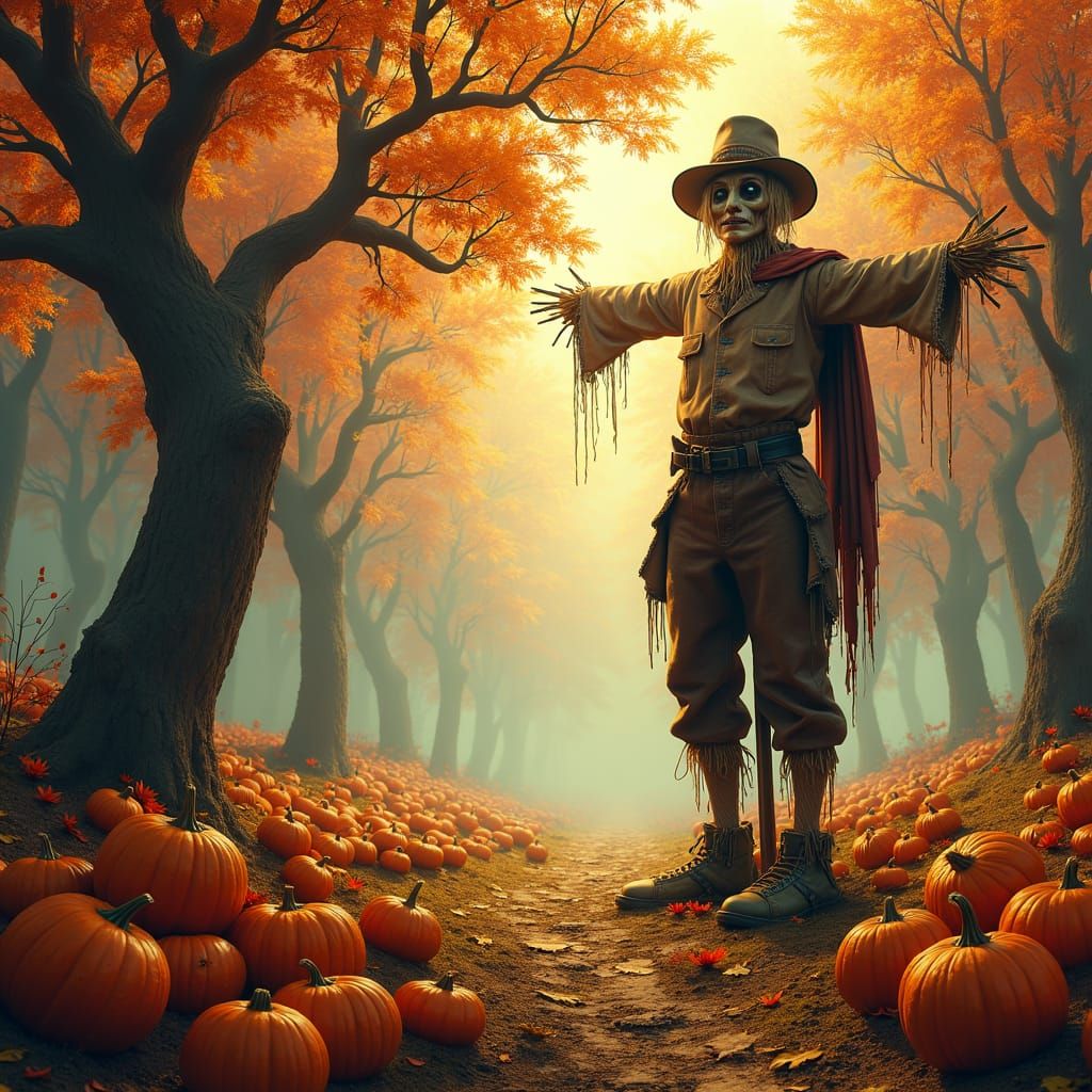 Autumn Forest: Pumpkin Patch and Scarecrow in Matte Painting...