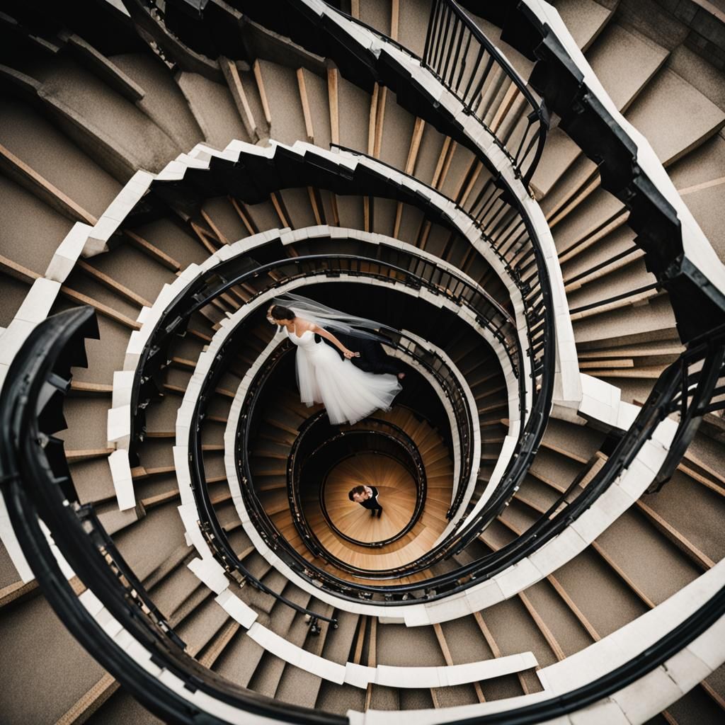 Ethereal Dance: Bride and Groom on Black Stairs