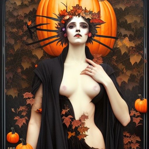 Halloween Queen with Black Cat: Art Nouveau Portrait