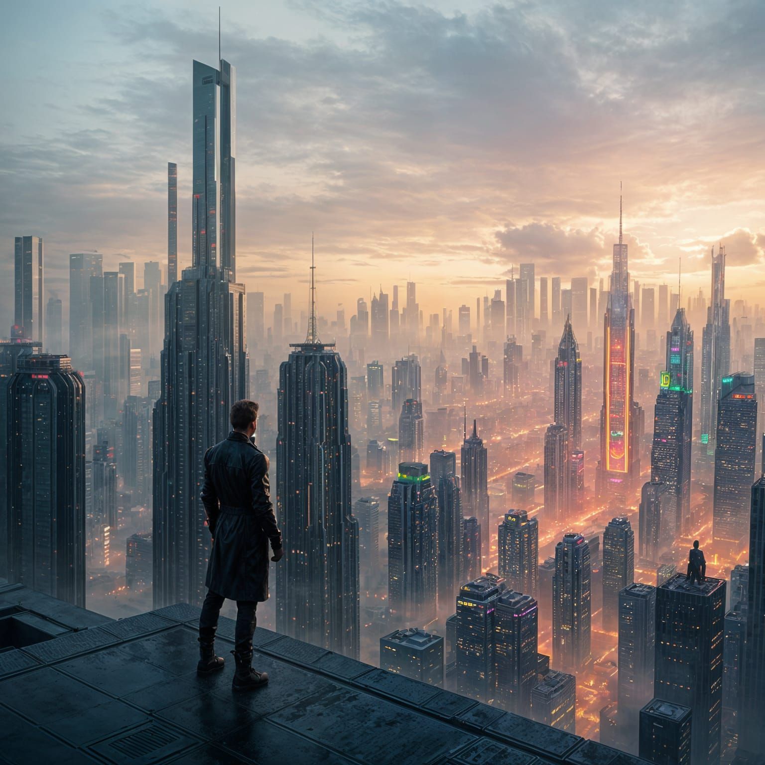 Lone Figure Overlooking Futuristic City at Dawn in Cinematic...