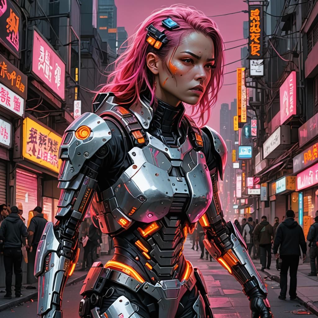 Cyberpunk Cyborg Bounty Hunter in Neon Cityscape