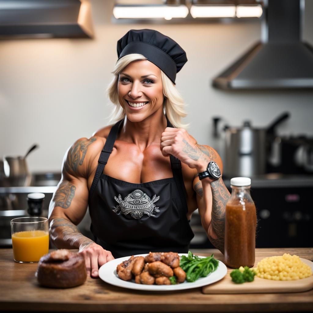 Female Bodybuilder Chef Tasting Meal, Professional Photo