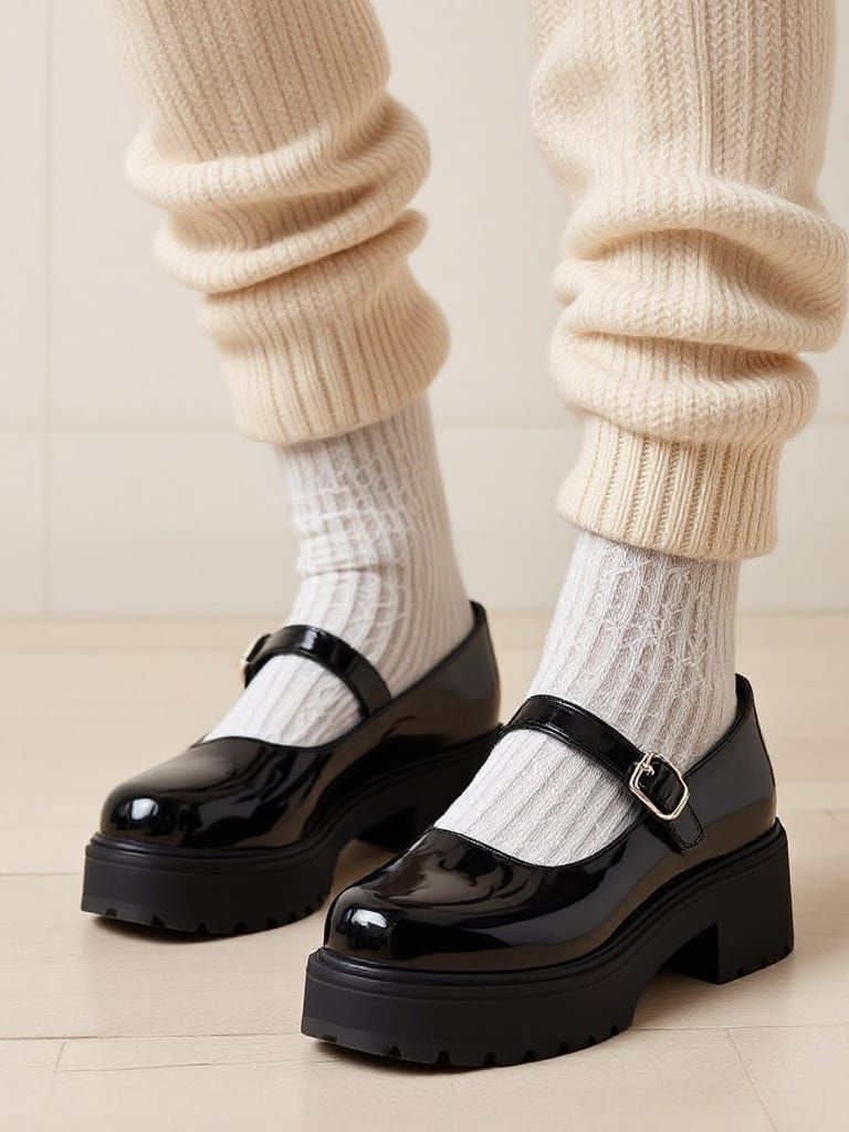 Glossy Black Mary Janes with Textured Knit Details