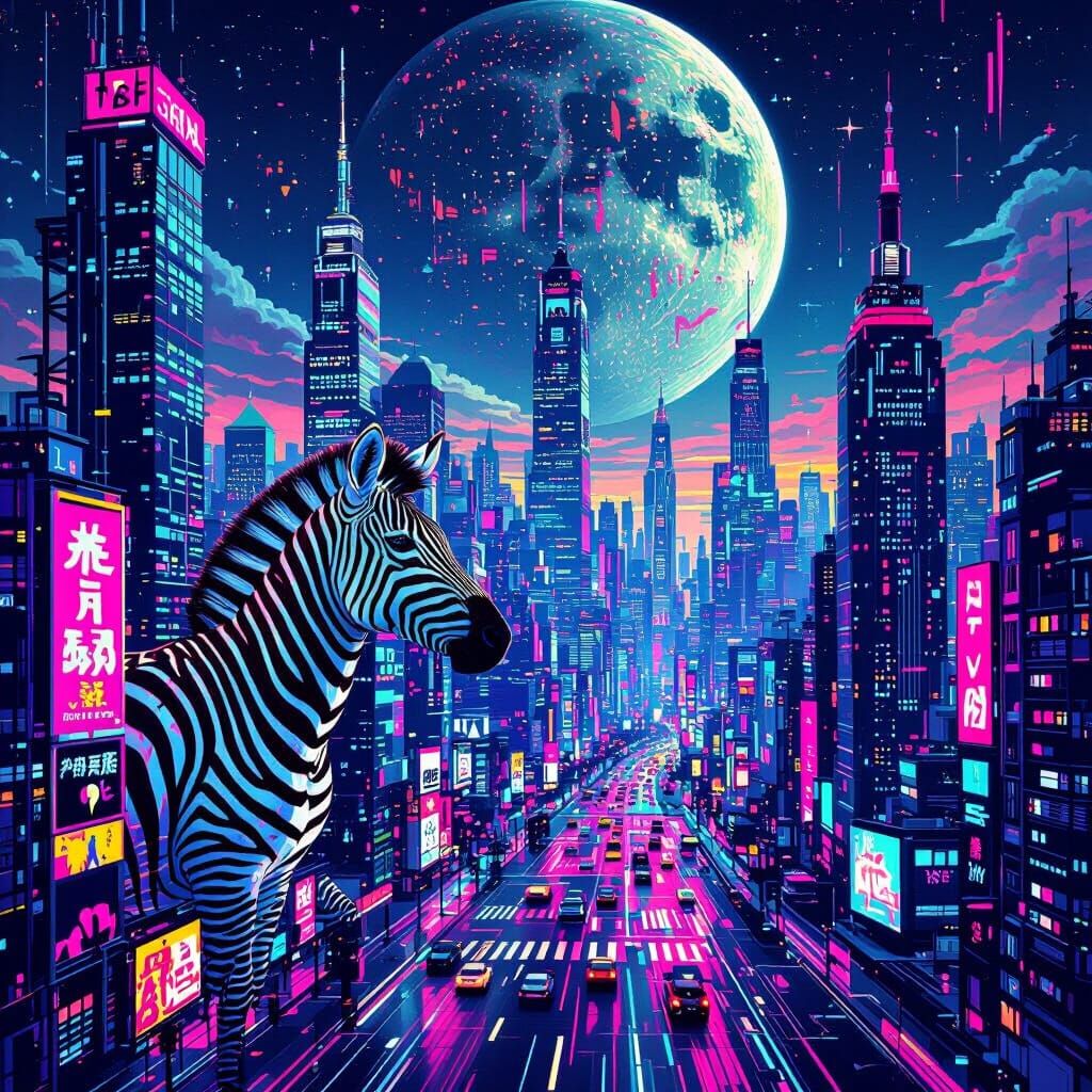 Vibrant Zebra Print Cityscape in Futuristic Style