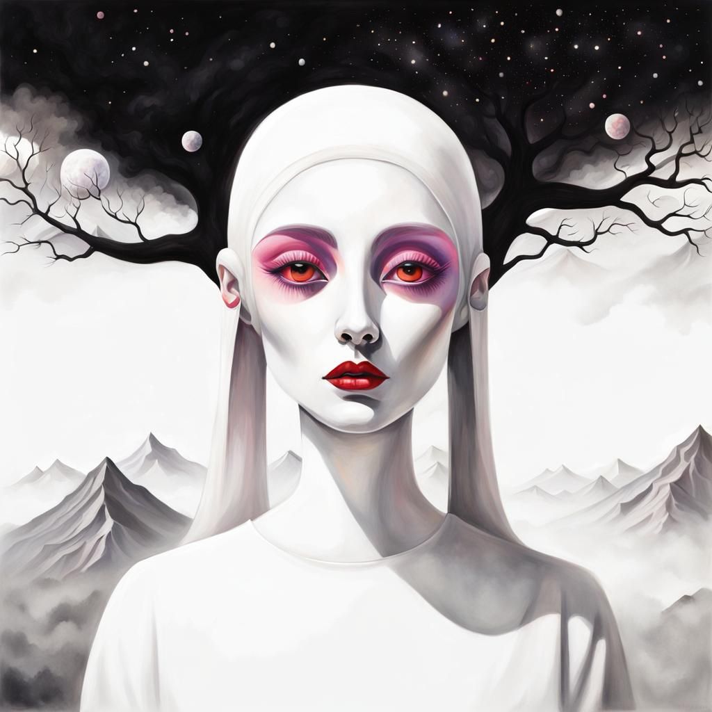 Surreal Alien Portrait in Retro-Futuristic Art Deco Style