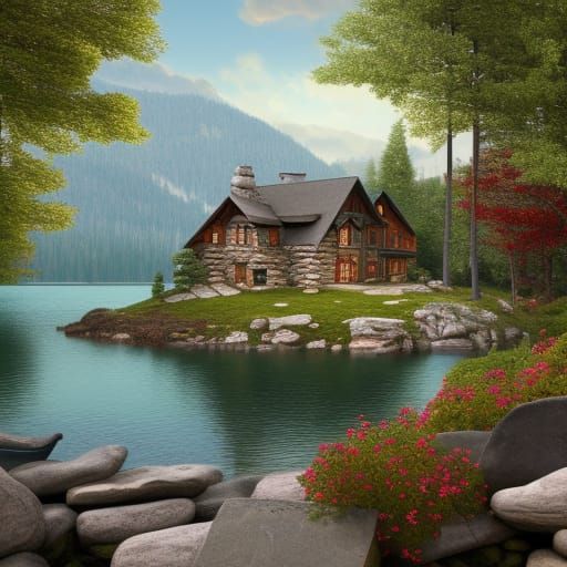 Photorealistic Stone Cabin by a Lake