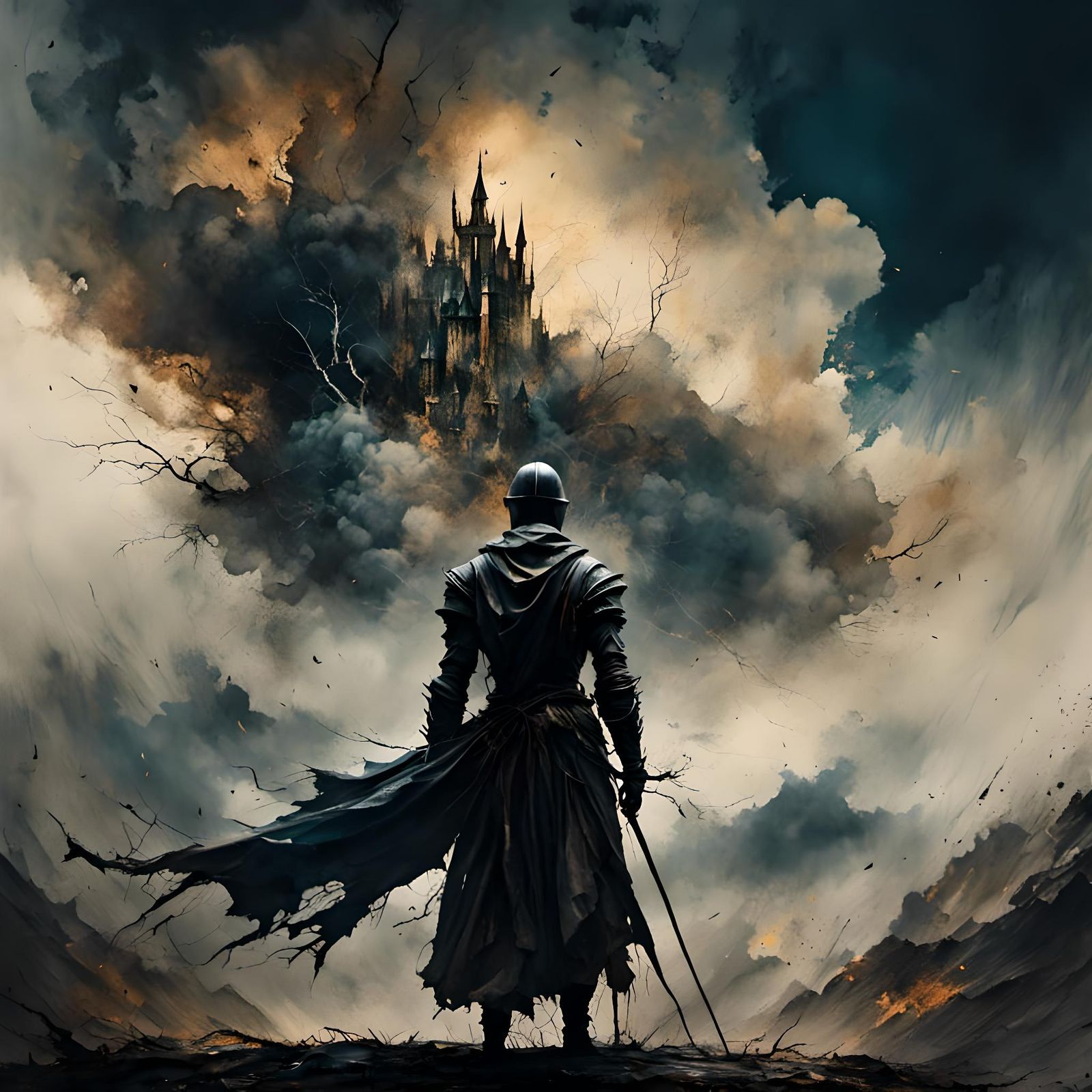Knight Confronts a Dark Cloud, Detailed Matte Painting