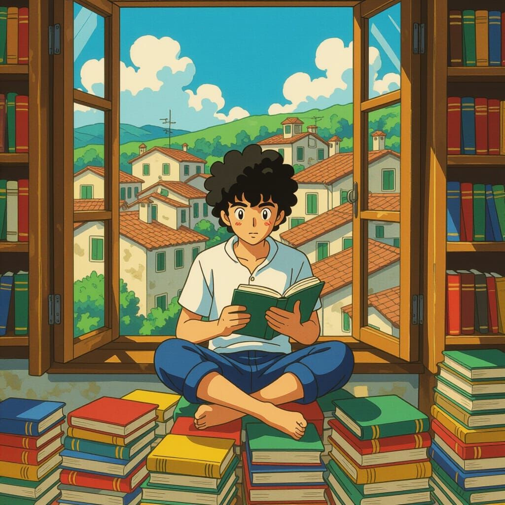 Studio Ghibli Style Italian Boy Studying
