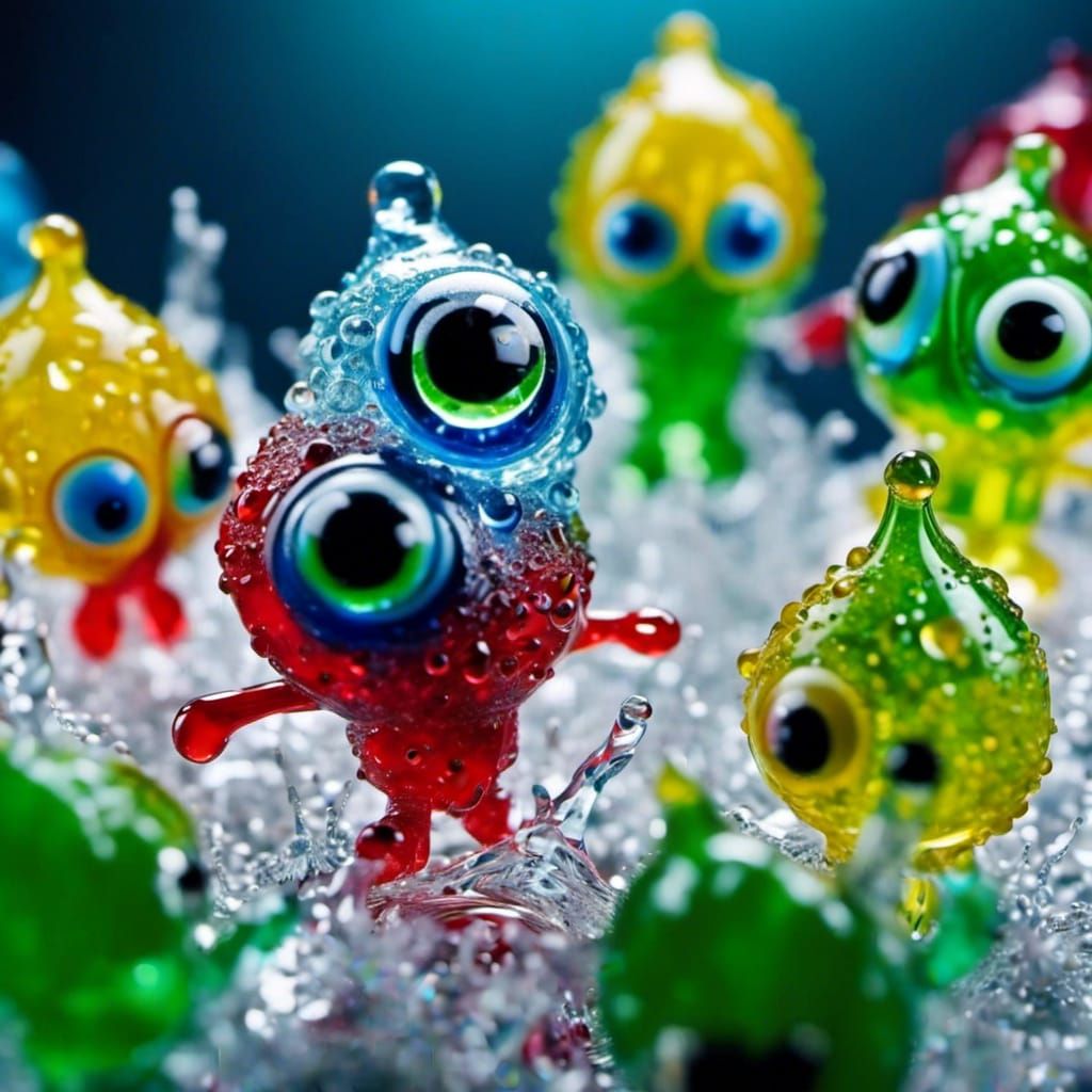 Dancing Water Droplet Characters in Glass Art